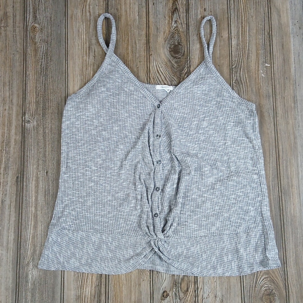 Waffle Knit Button Detail Front Flowy Gray V Neck Tank Top